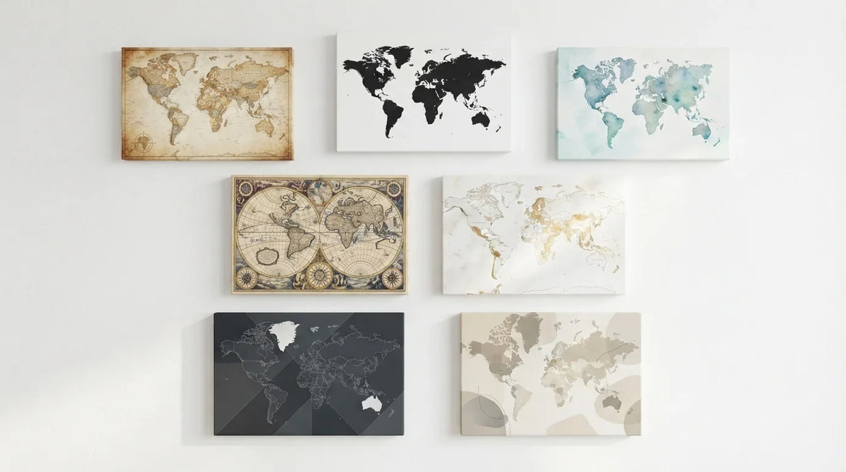 Seven world maps in different styles and colors are displayed as striking map wall art on a white wall in two rows, with four maps on top and three maps on the bottom.
