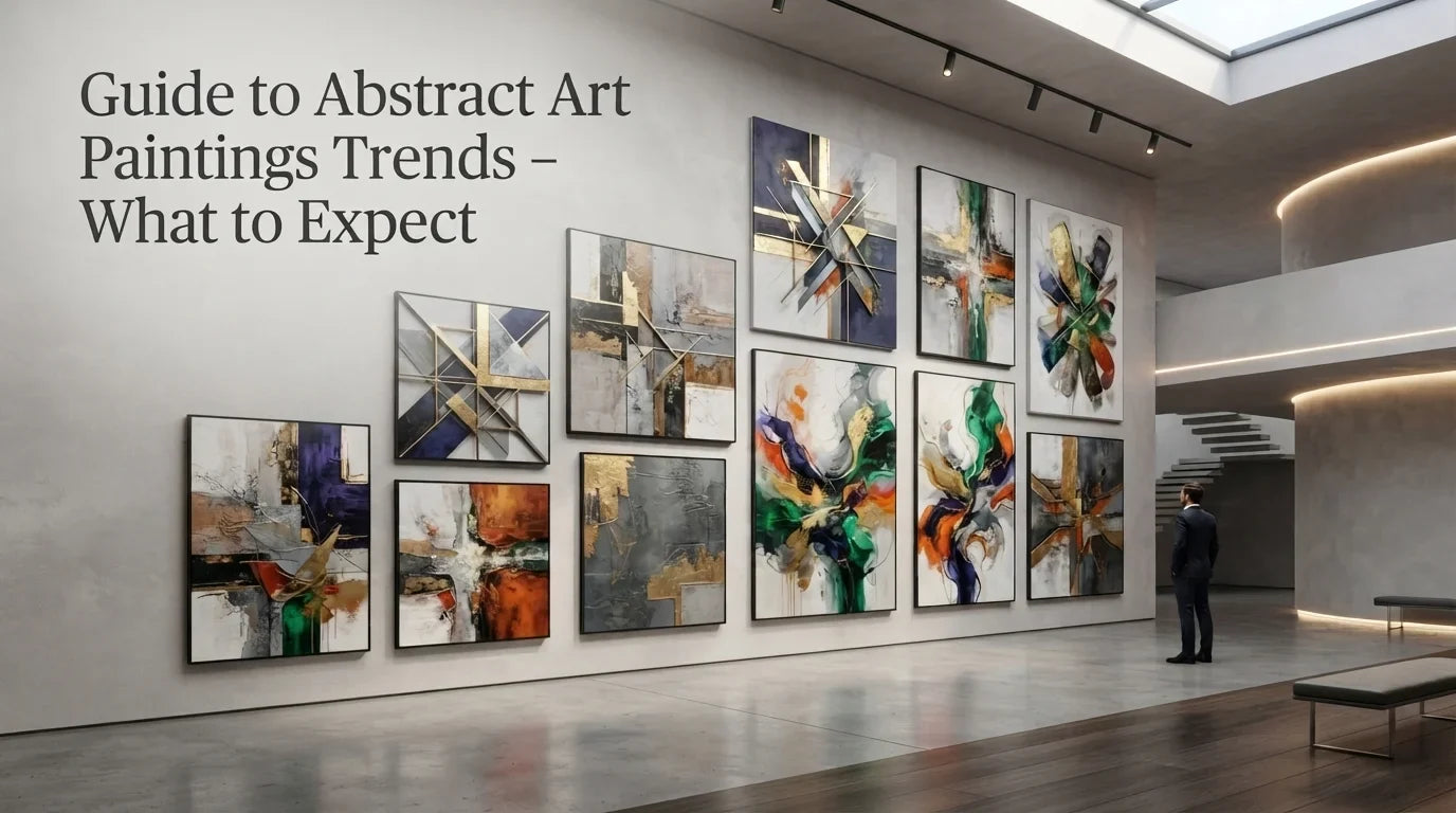A man views a gallery wall displaying multiple Abstract Art Paintings with gold, blue, and green tones. Text reads, “Guide to Abstract Art Paintings Trends.”