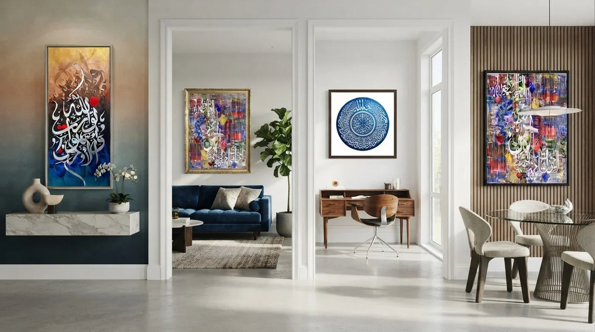 A modern living room featuring a large calligraphy art piece hanging on the wall, adding elegance to the space.