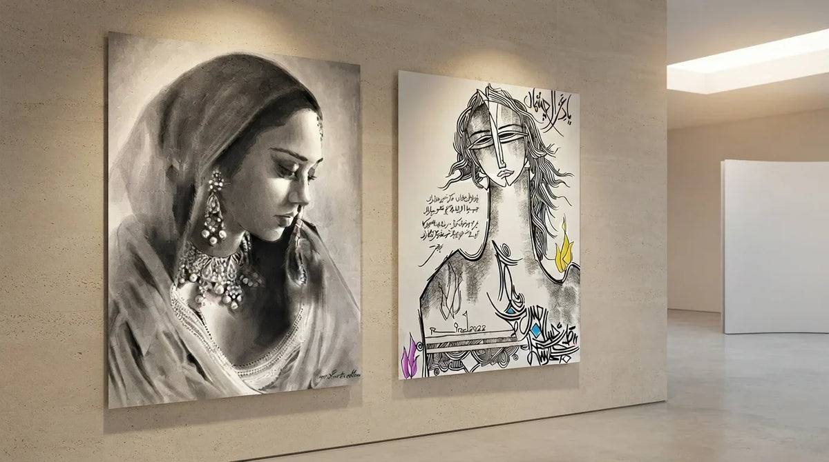 Two charcoal painting on canvas displayed on a wall in a room, showcasing intricate details and textures.