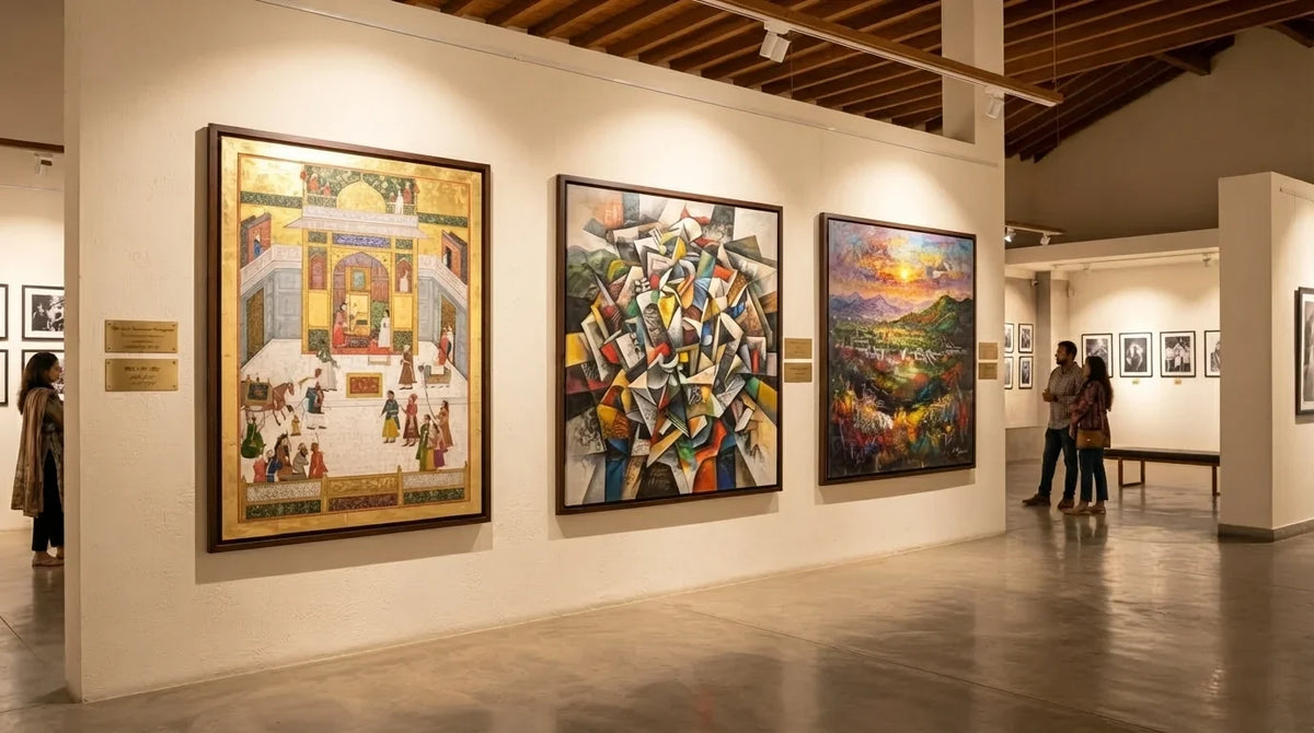 An exhibition of modern art in Pakistan, displaying dynamic abstract and landscape paintings across a curated gallery space.