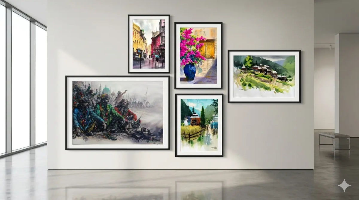 Interior view of a room with five framed watercolor paintings adorning the wall.