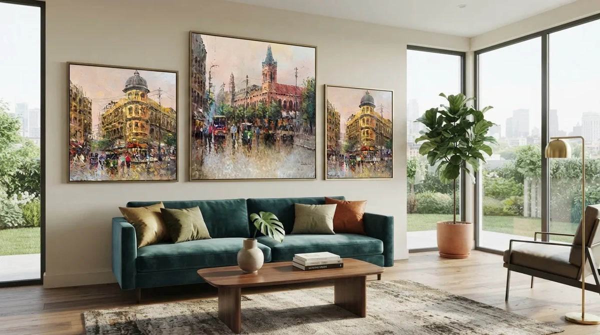 A cozy living room featuring a large cityscape art painting hanging on the wall, adding color and style to the space.