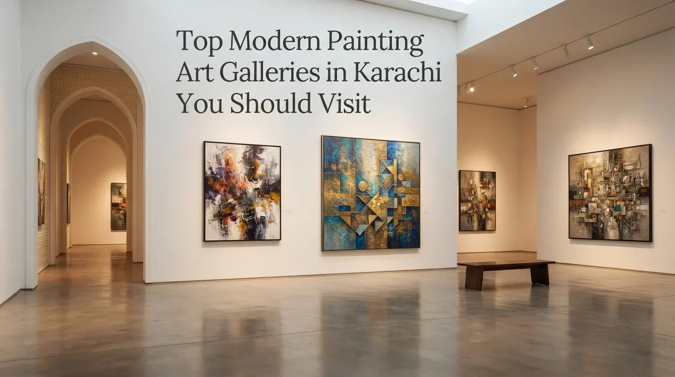 A modern art gallery with abstract painting art displayed on white walls, polished concrete floors, a wooden bench, and text about art galleries in Karachi.