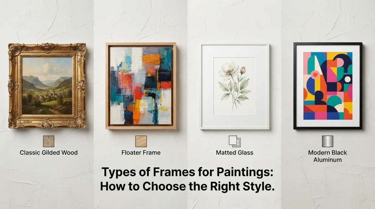 A collection of different types of frames for paintings, highlighting diverse designs and materials.