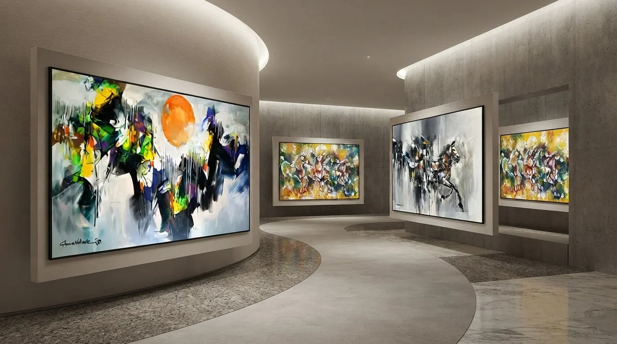 A gallery interior showcasing abstract horse paintings displayed on the walls, with soft lighting enhancing artworks.