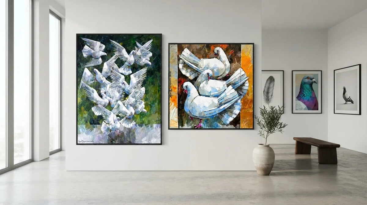 Three distinct Pigeons Art paintings featuring white birds with unique colors and artistic interpretations.