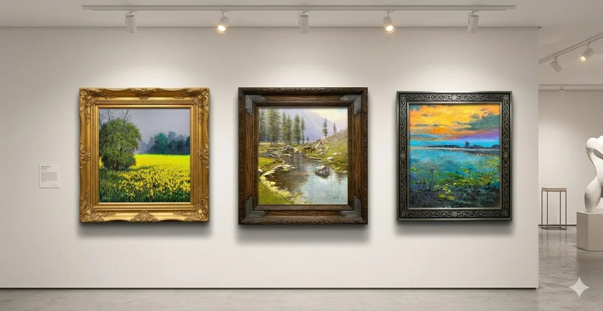 Three landscape paintings hanging on a gallery wall: a field of yellow flowers, a mountain stream with a horse, and a sunset over a pond.