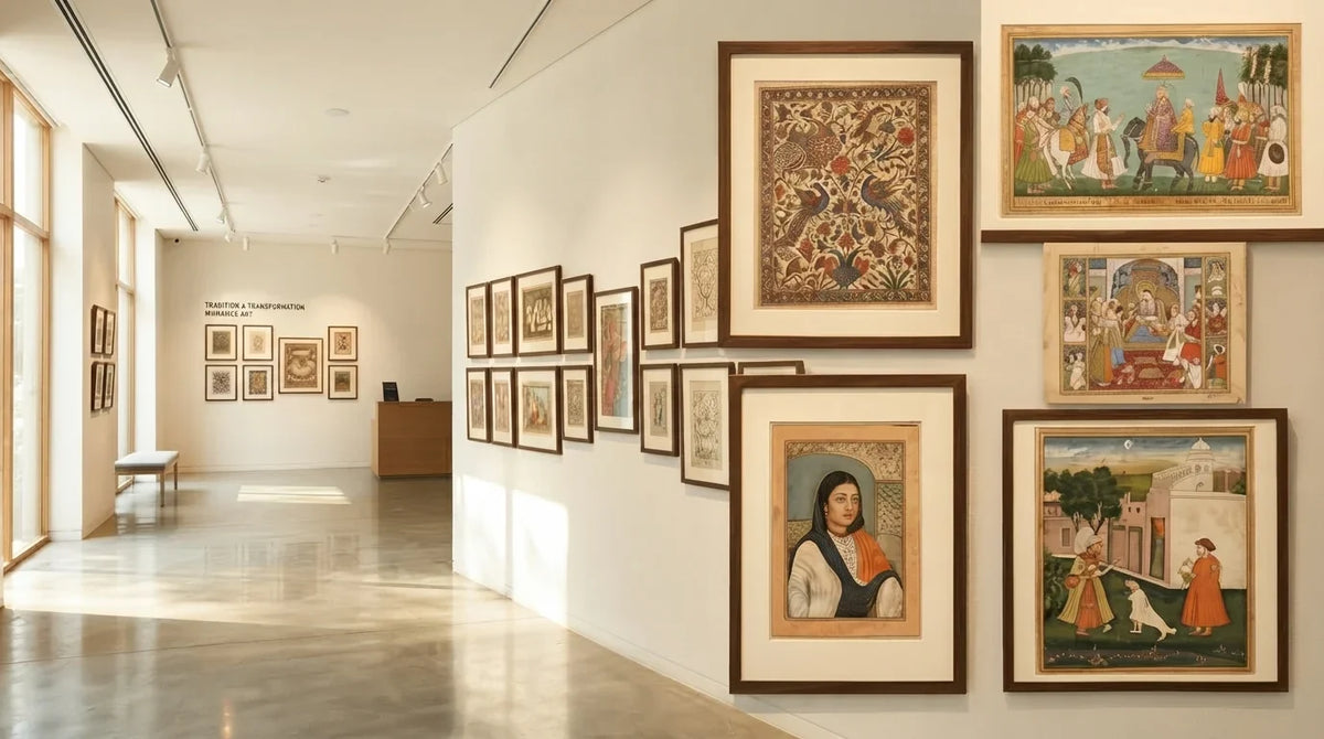 An art gallery featuring various framed miniature art paintings displayed on the walls.