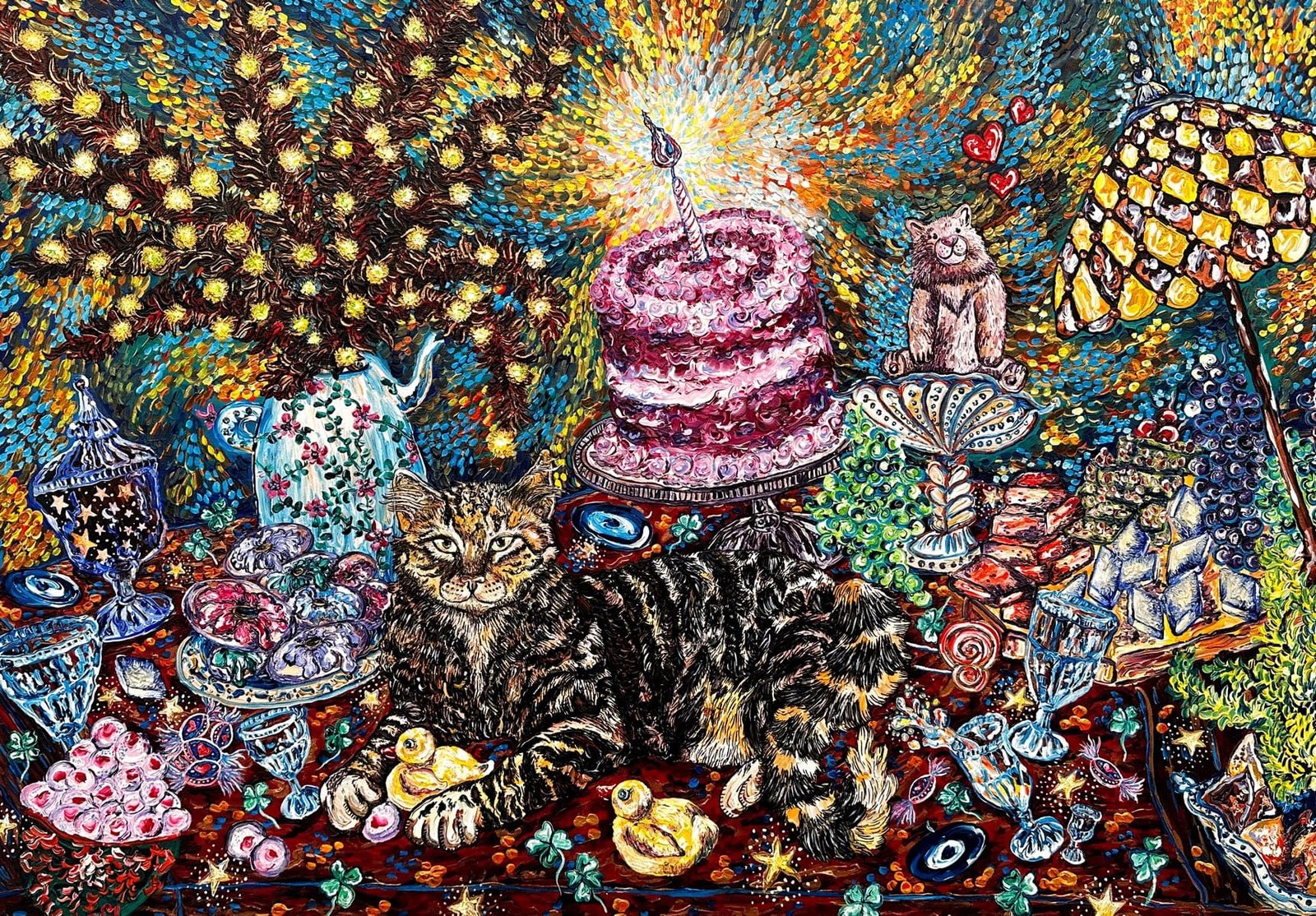 Khadija S Akhtar | Title: Whimsical Feast – A Celebration of Joy | Medium. Oil On Canvas | Size: 32x44 inches
