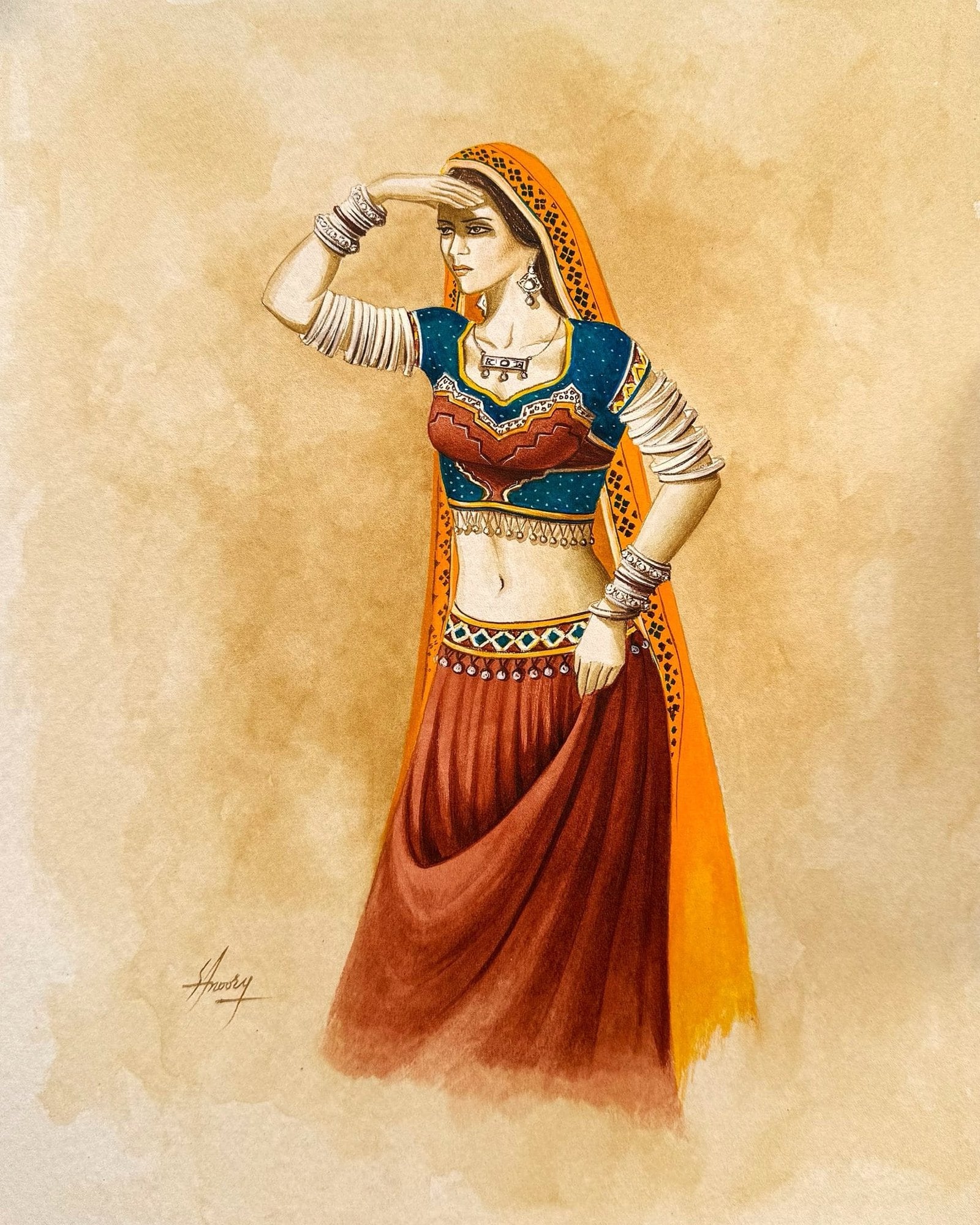 S. A. Noory | Title: Desert Gaze – A Vision of Tradition | Medium: Watercolor On Paper | Size: 12x15 inches