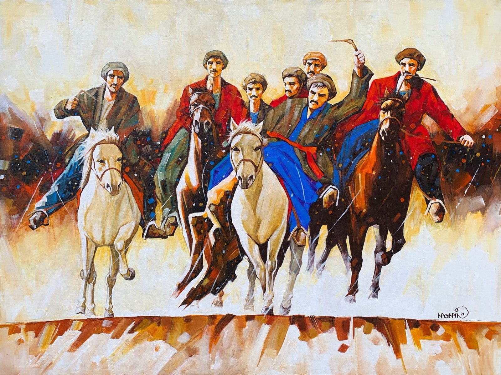 Momin Khan
| Title: Buzkashi
| Medium: Oil On Canvas
| Size: 36 x 48 inches