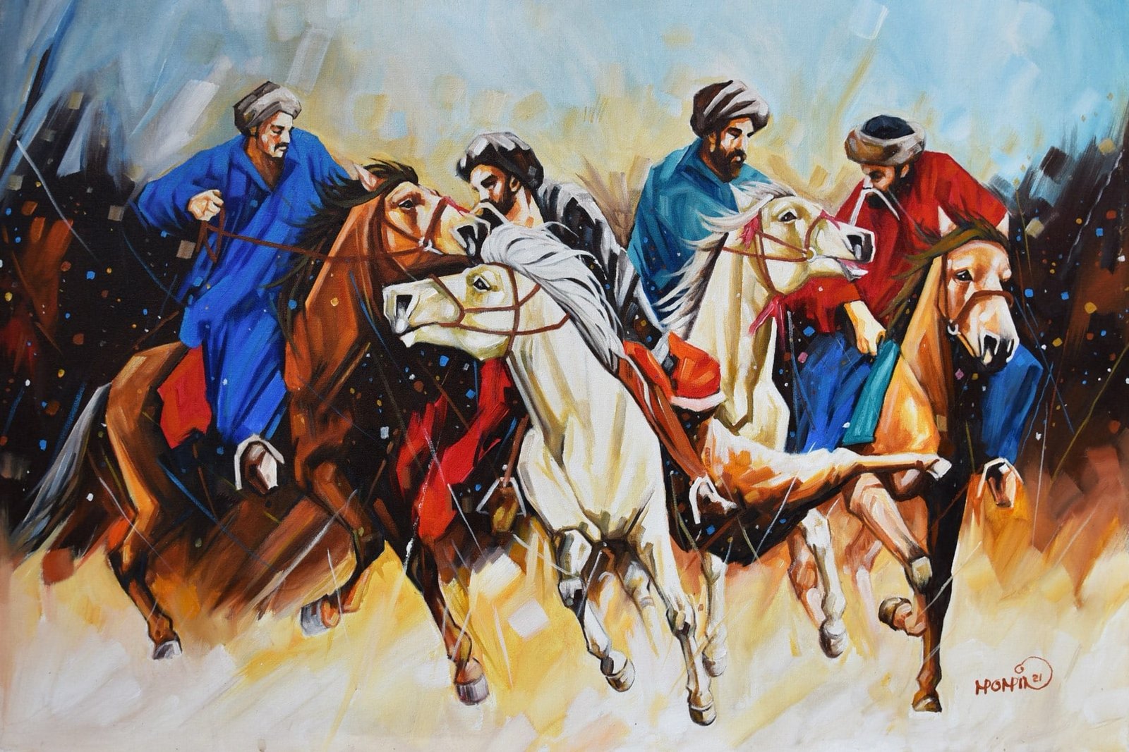 Momin Khan
| Title: Buzkashi
| Medium: Oil On Canvas
| Size: 24 x 36 inches
