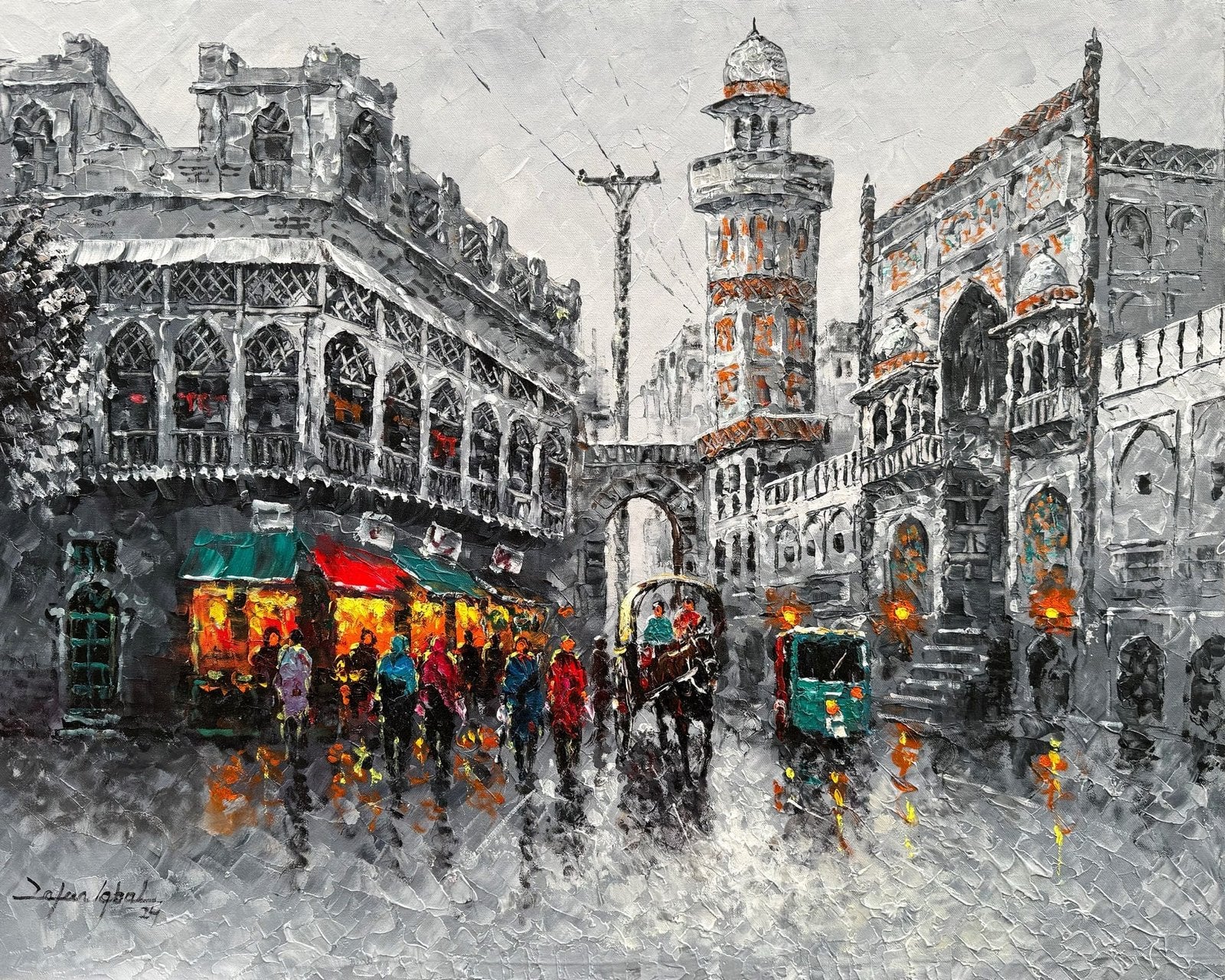 Zafar Iqbal Khan | Title: Wazir Khan Mosque Street Scene | Medium: Oil On Canvas | Size: 24x30 inches