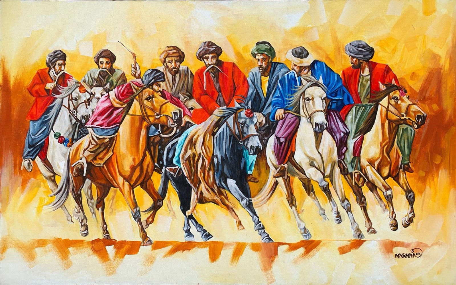 Momin Khan
| Title: Buzkashi
| Medium: Oil On Canvas
| Size: 30 x 48 inches