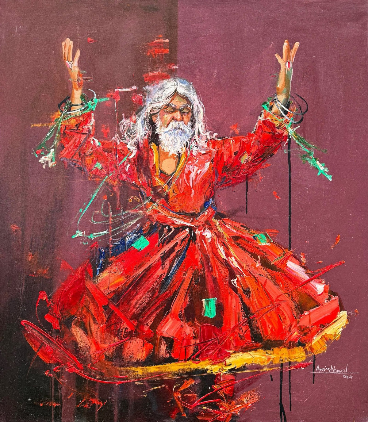 Awais Ahmed 34x39 oil on canvas - The Ecstatic Whirl dancing dervish painting