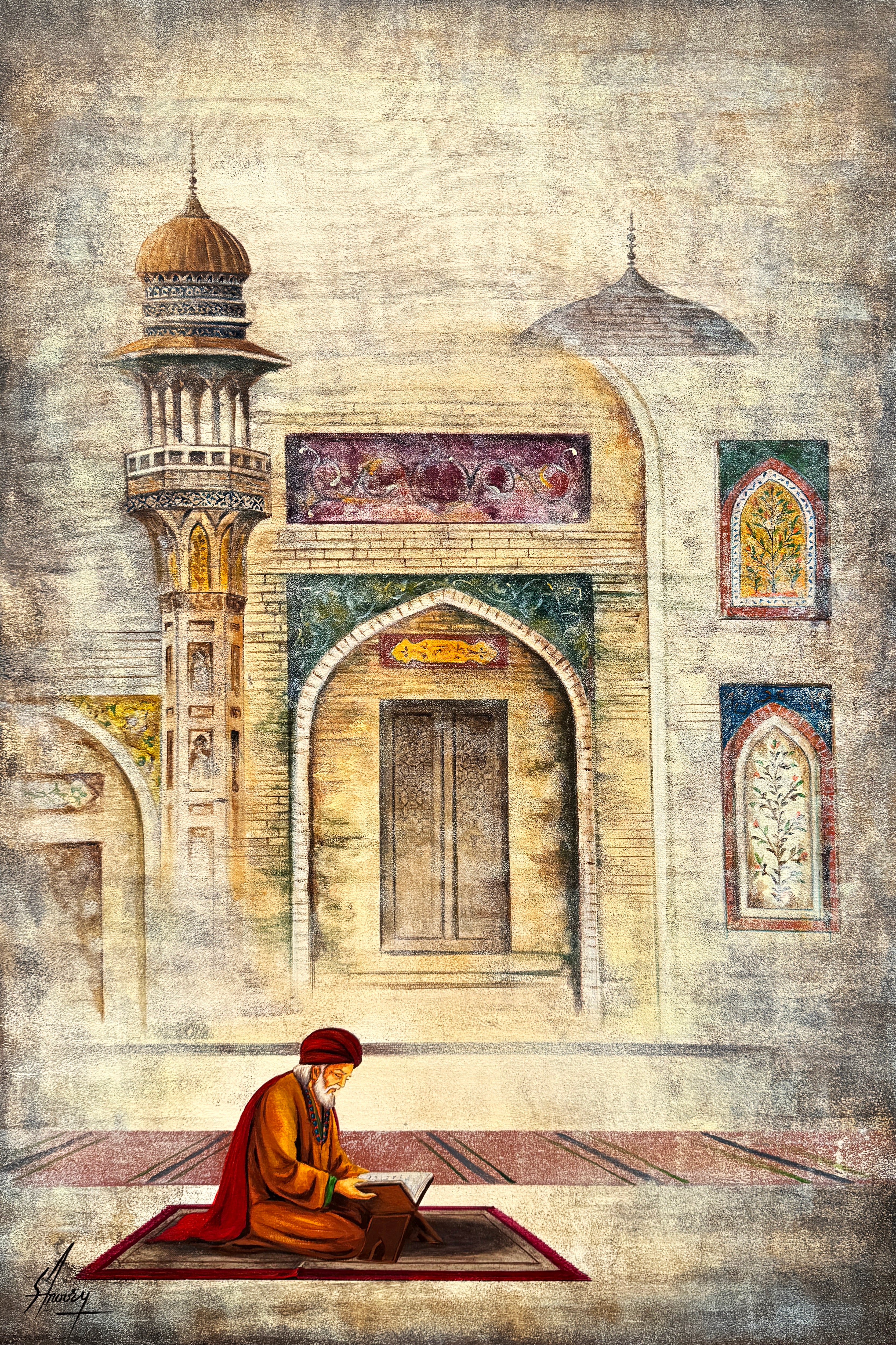 S. A. Noory Light of Divine Knowledge Mosque Scholar Acrylic on Canvas 24x36 inches