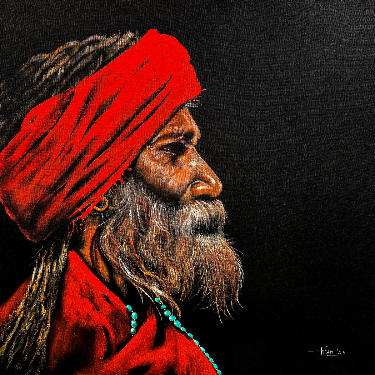 Irfan Ahmed Red Turban Sufi Portrait Oil On Canvas 30x30 Inches Original Painting