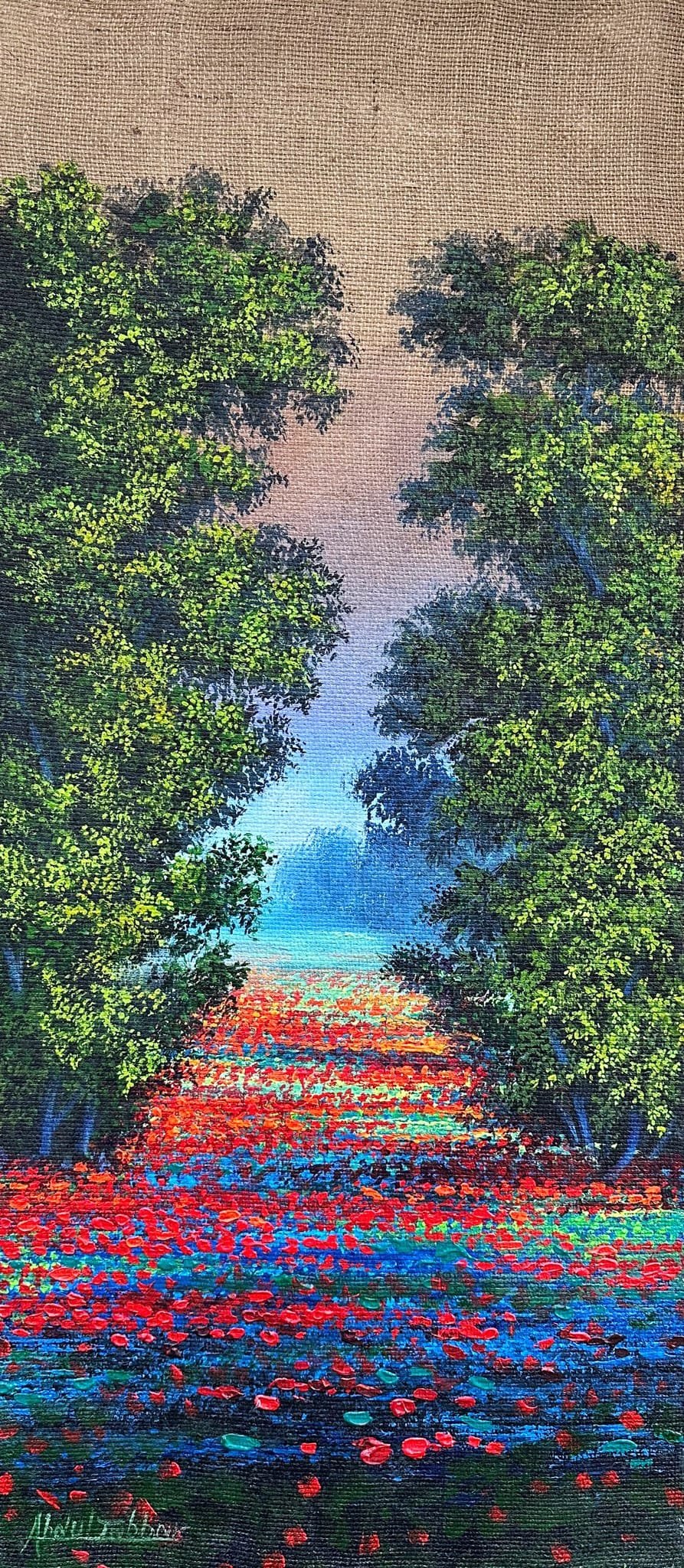 Abdul Jabbar floral corridor oil painting on jute 18x42 inches with red flowers and green trees