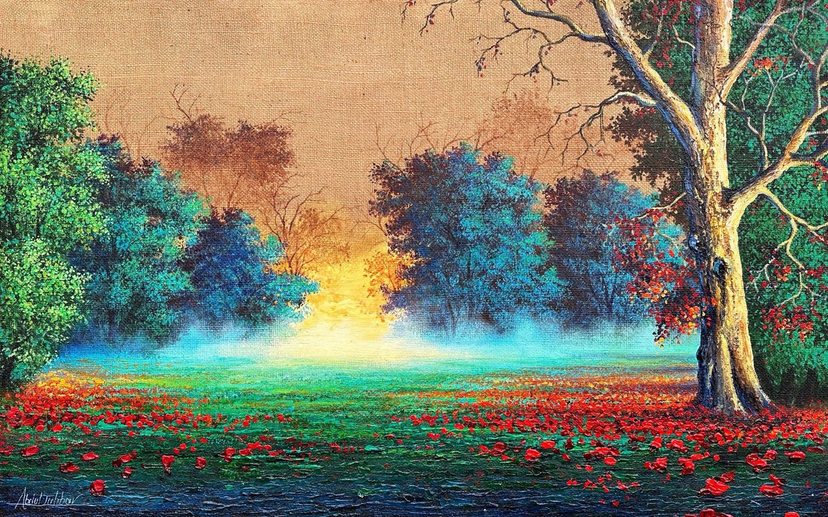 Abdul Jabbar forest sunset oil painting on canvas 30x48 inches with golden light and colorful trees