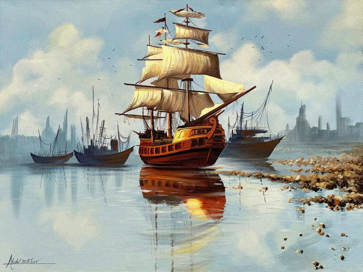 Abdul Jabbar golden sails harbor oil painting on canvas 36x48 inches with sailing ship