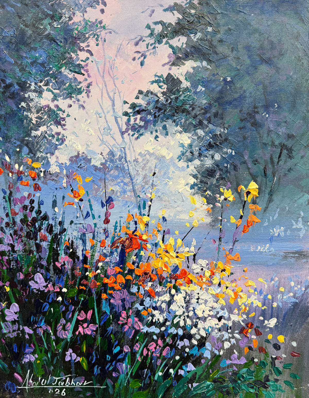 Abdul Jabbar morning wildflowers oil painting on canvas 14x18 inches floral landscape with vibrant blooms and misty dawn background