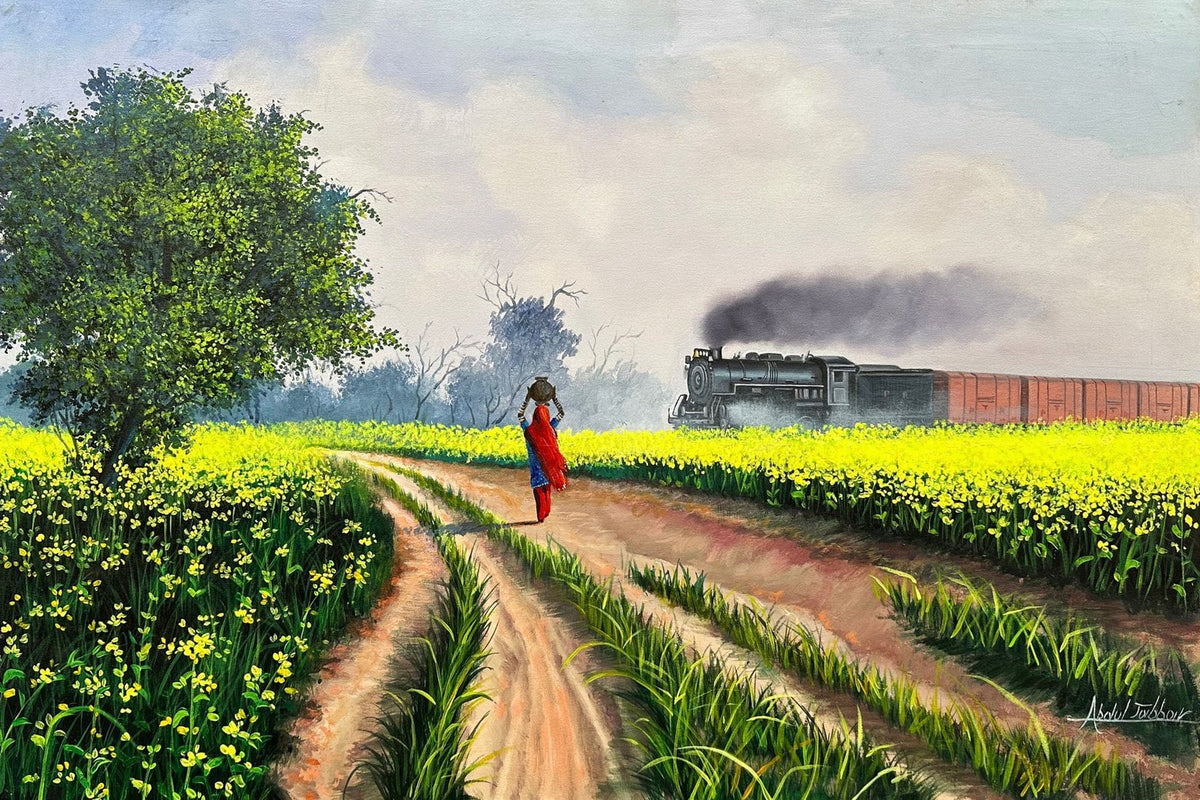 Abdul Jabbar village path train oil painting on canvas 24x36 inches with mustard fields and woman in red