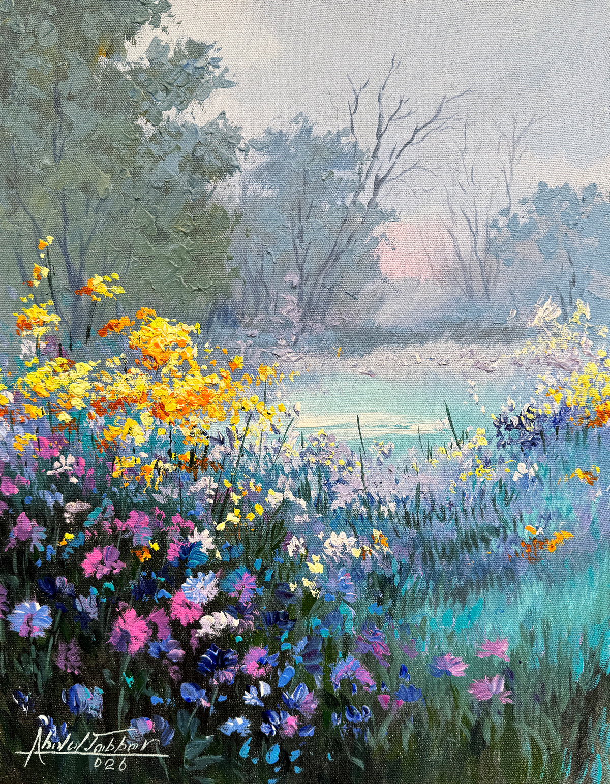 Abdul Jabbar wildflower meadow oil painting on canvas 14x18 inches landscape with colorful flowers misty trees and water