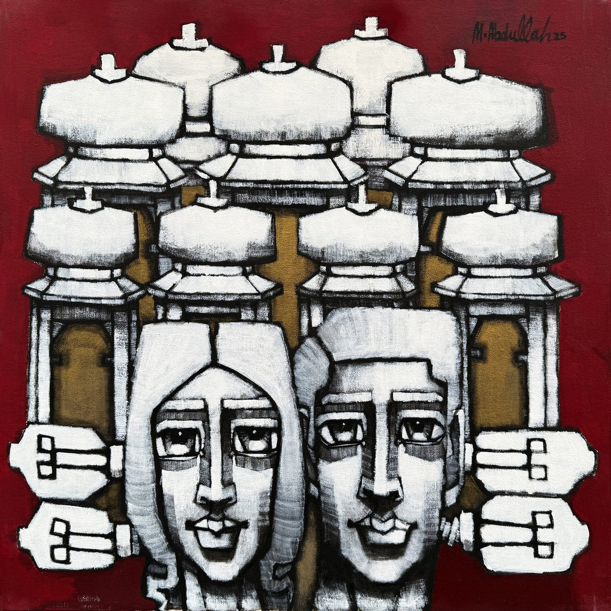 Abdullah Siddiqui Guardians Of Heritage acrylic on canvas 24x24 inches Pakistani contemporary portrait painting