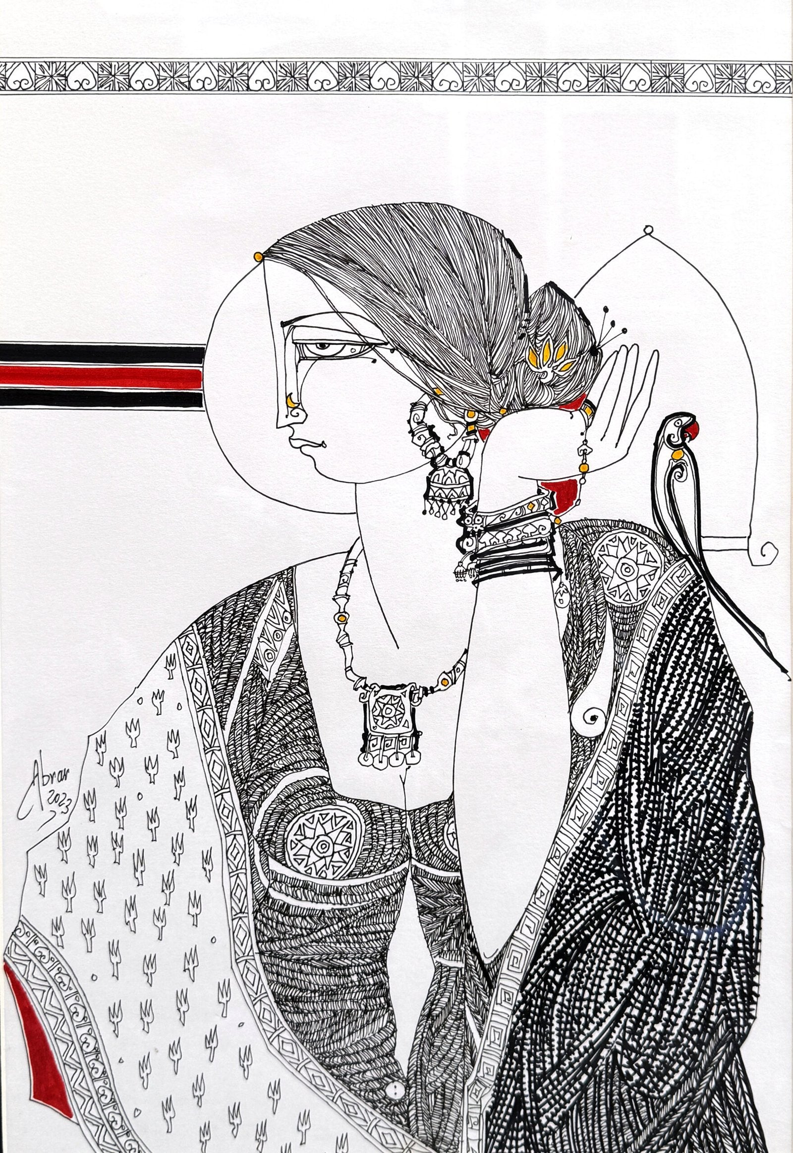 Abrar Ahmed Untitled Pen on Paper 11x16 inches | Folk Portrait