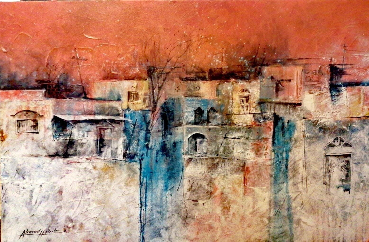 Ahmed Habib Abstract Cityscape oil on canvas 24x36 inches abstract urban landscape painting