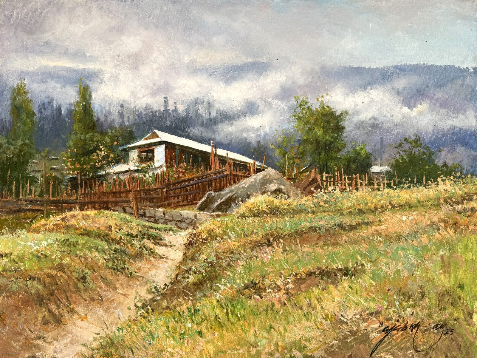 Ajab Khan Mountain House With Fence Oil On Canvas 18x24, original Pakistani landscape painting of rustic house with wooden fence in green fields and misty mountains