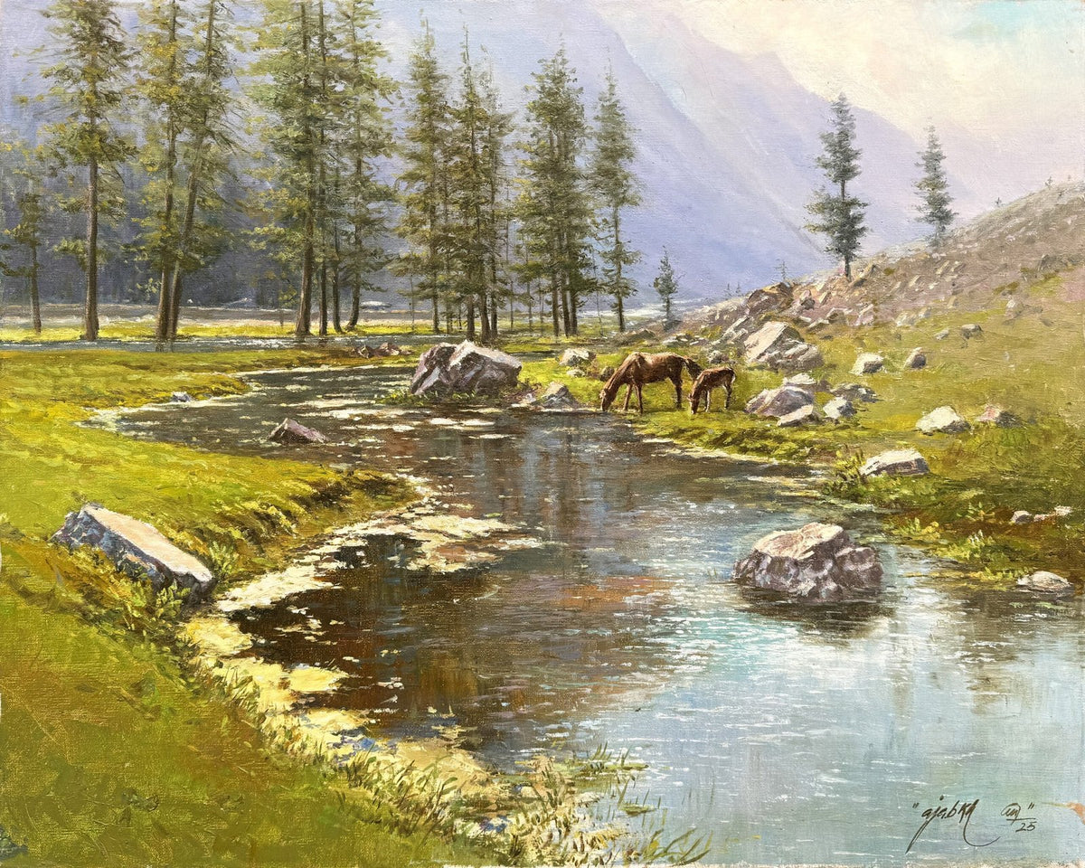 Ajab Khan North Meadow Horses oil on canvas 24x30 inches Pakistani landscape painting with horses and stream