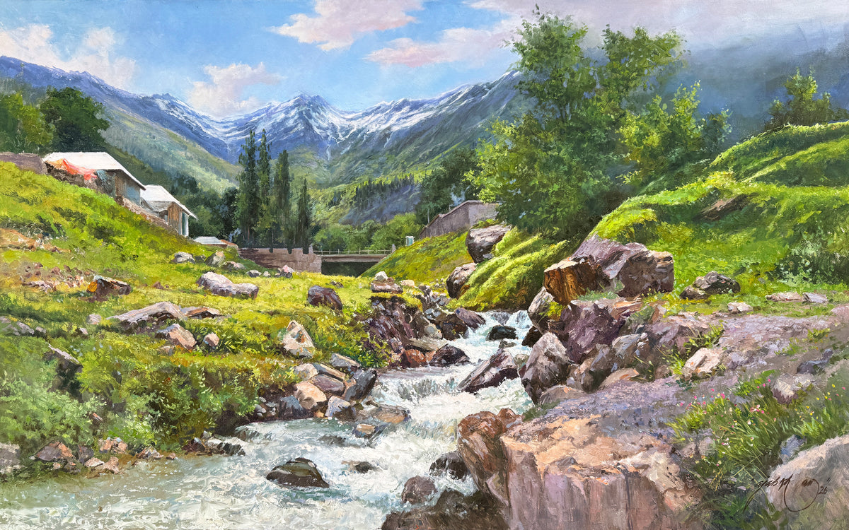 Ajab Khan 30x48 oil on canvas painting - northern Pakistan valley stream landscape with mountains
