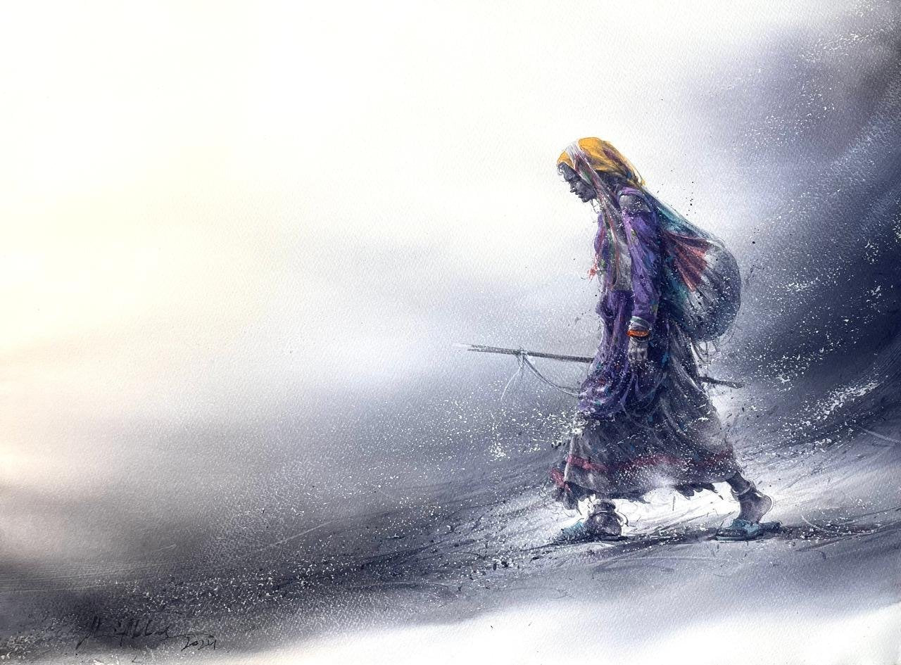 Ali Abbas Lone Traveler Watercolor on Paper 22x31 inches