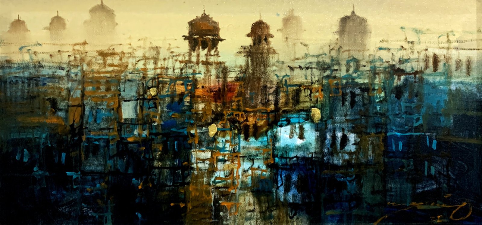 A.Q. Arif Abstract Cityscape Acrylic on Canvas 9x18 inches