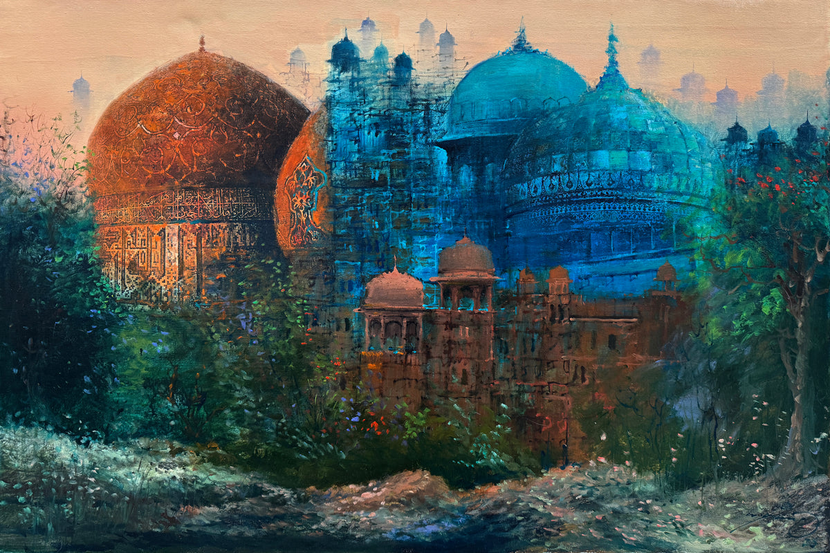 A.Q. Arif Domes Of Dawn acrylic on canvas 24x36 inches large Pakistani contemporary painting of Mughal copper and turquoise domes