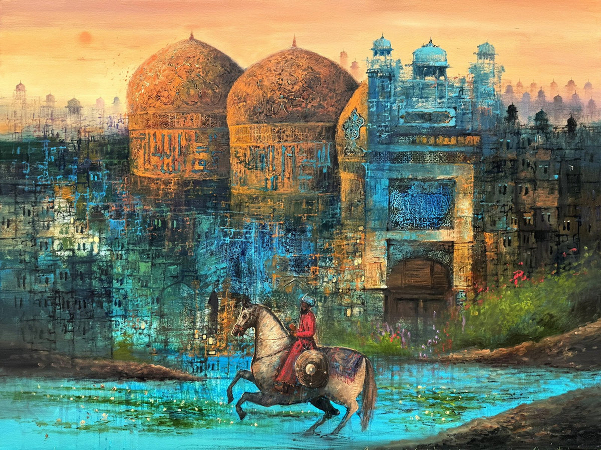 A.Q. Arif Echoes Of Heritage acrylic on canvas 36x48 inches large Pakistani contemporary painting of Mughal domes and blue architecture