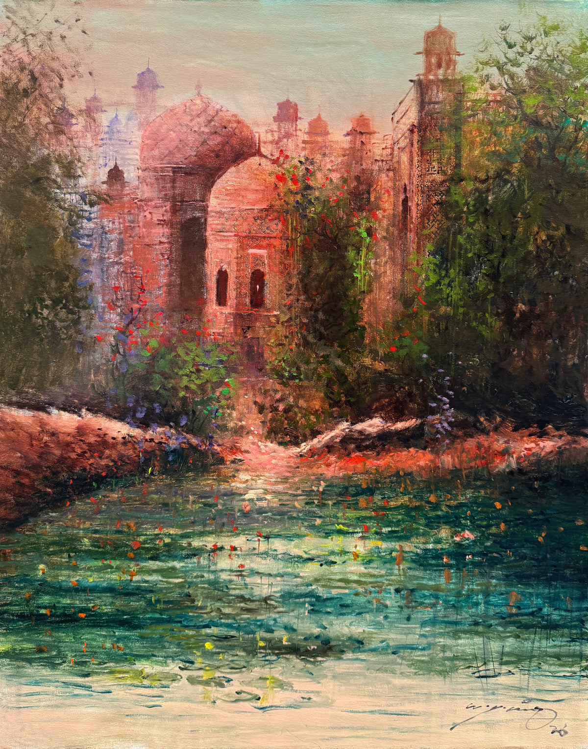 A.Q. Arif Garden Of Echoes acrylic on canvas 22x28 inches Pakistani contemporary painting of Mughal architecture in garden with lake