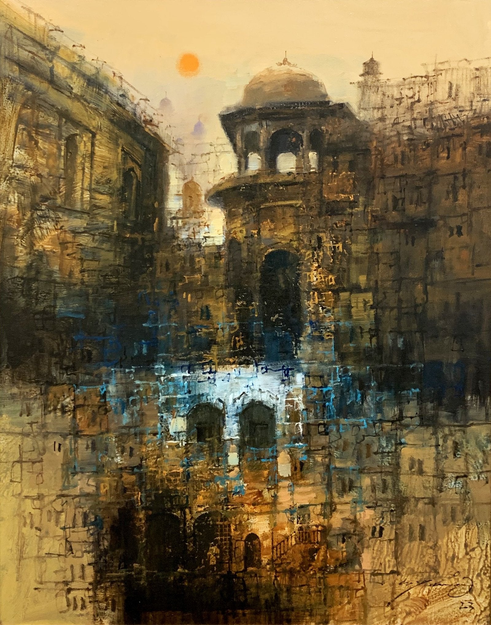 A.Q. Arif Old City Tower Acrylic on Canvas 22x28 inches