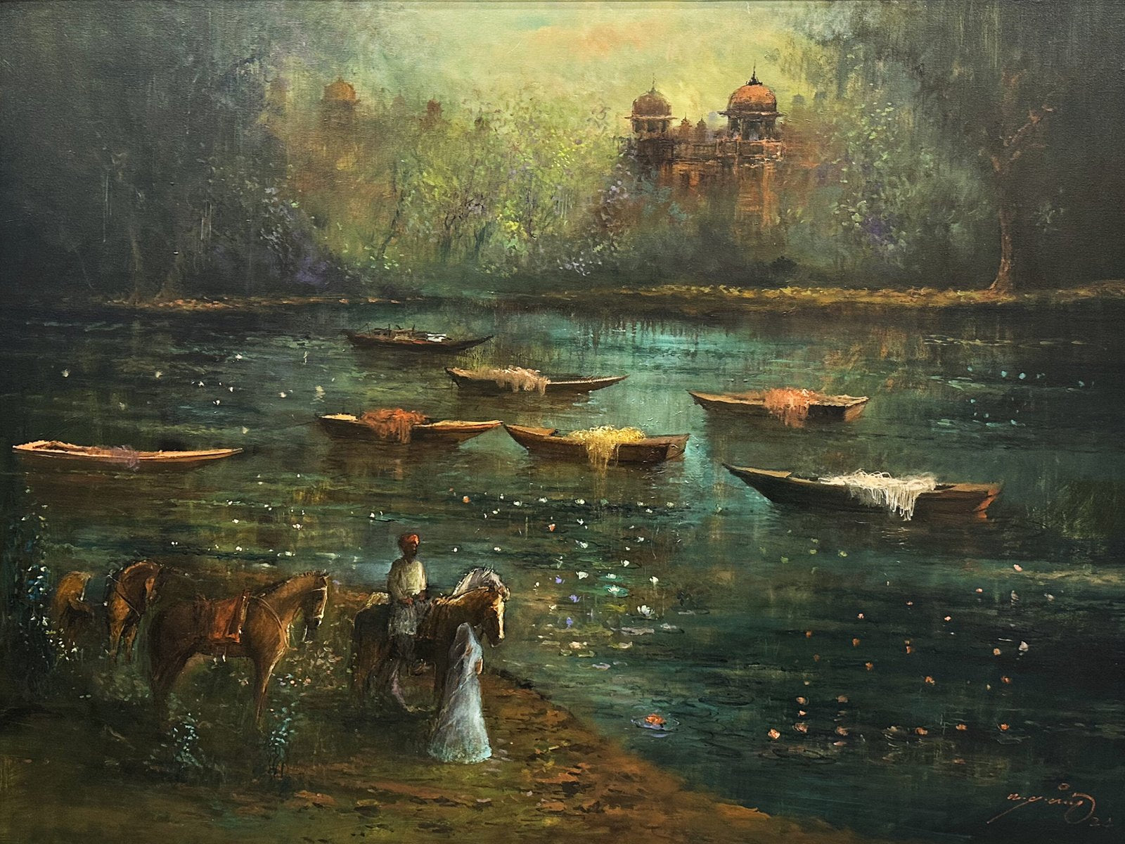 A.Q. Arif Riverside Scene Acrylic on Canvas 36x48 inches
