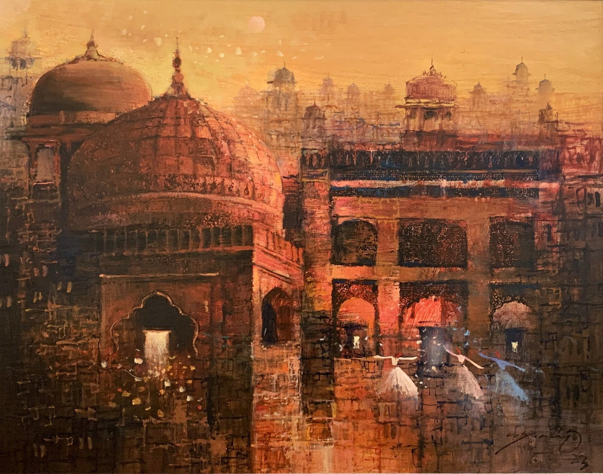 A.Q. Arif Sufi Whispers acrylic on canvas 22x28 inches Pakistani contemporary painting of Mughal architecture and Sufi figures