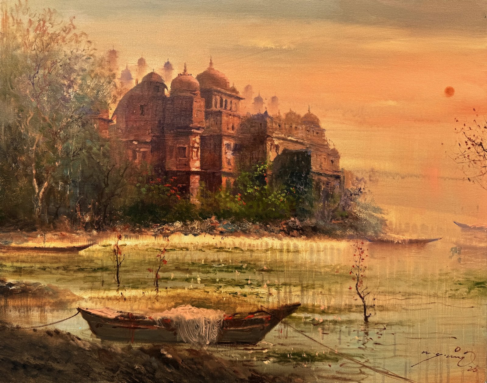 A.Q. Arif Evening by the Waters Fort River Sunset Acrylic on Canvas 22x28 inches