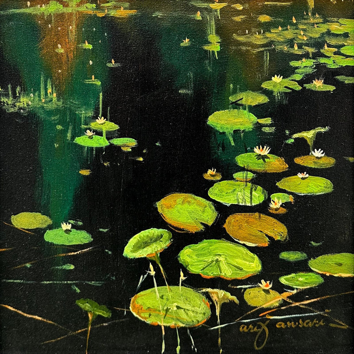 Arif Ansari echoes of the north lily pond acrylic on canvas 12x12 inches
