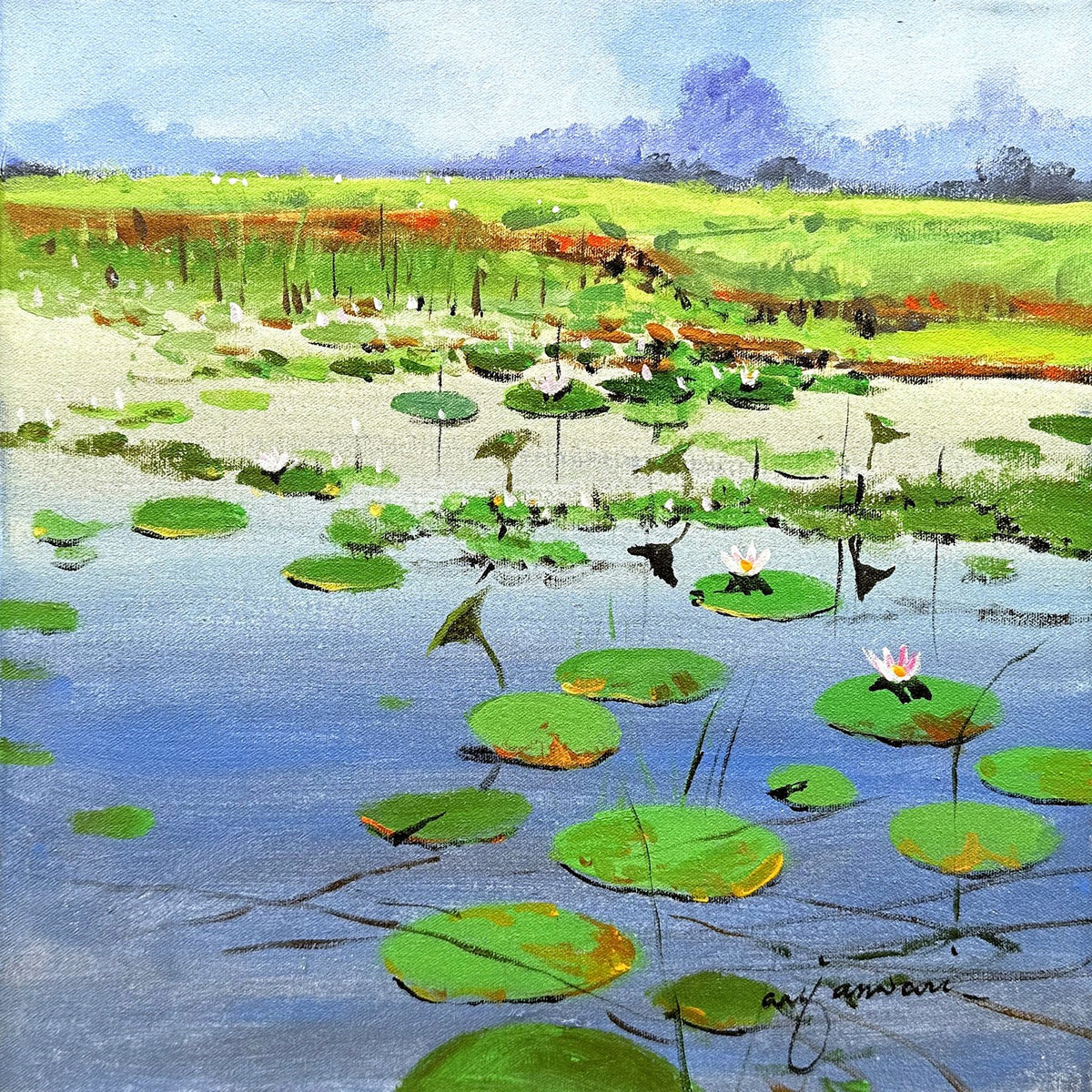 Arif Ansari echoes of the north lotus pond landscape acrylic on canvas 12x12 inches