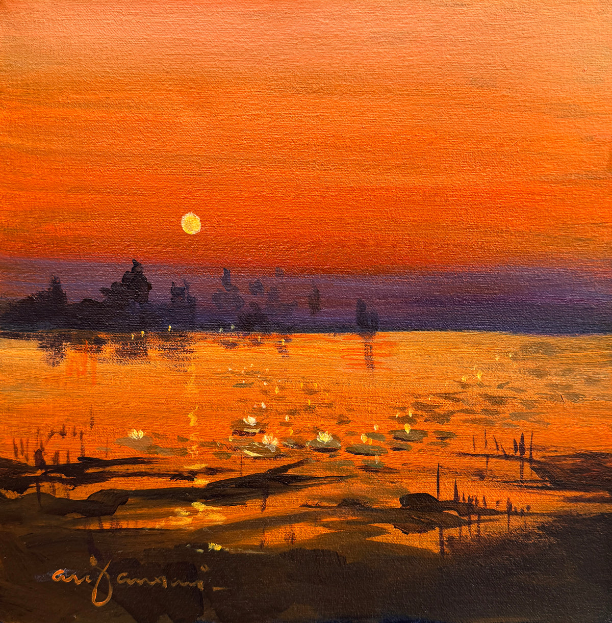 Arif Ansari orange moon lotus lake sunset serenity acrylic on canvas 12x12 inches orange sunset lotus lake painting