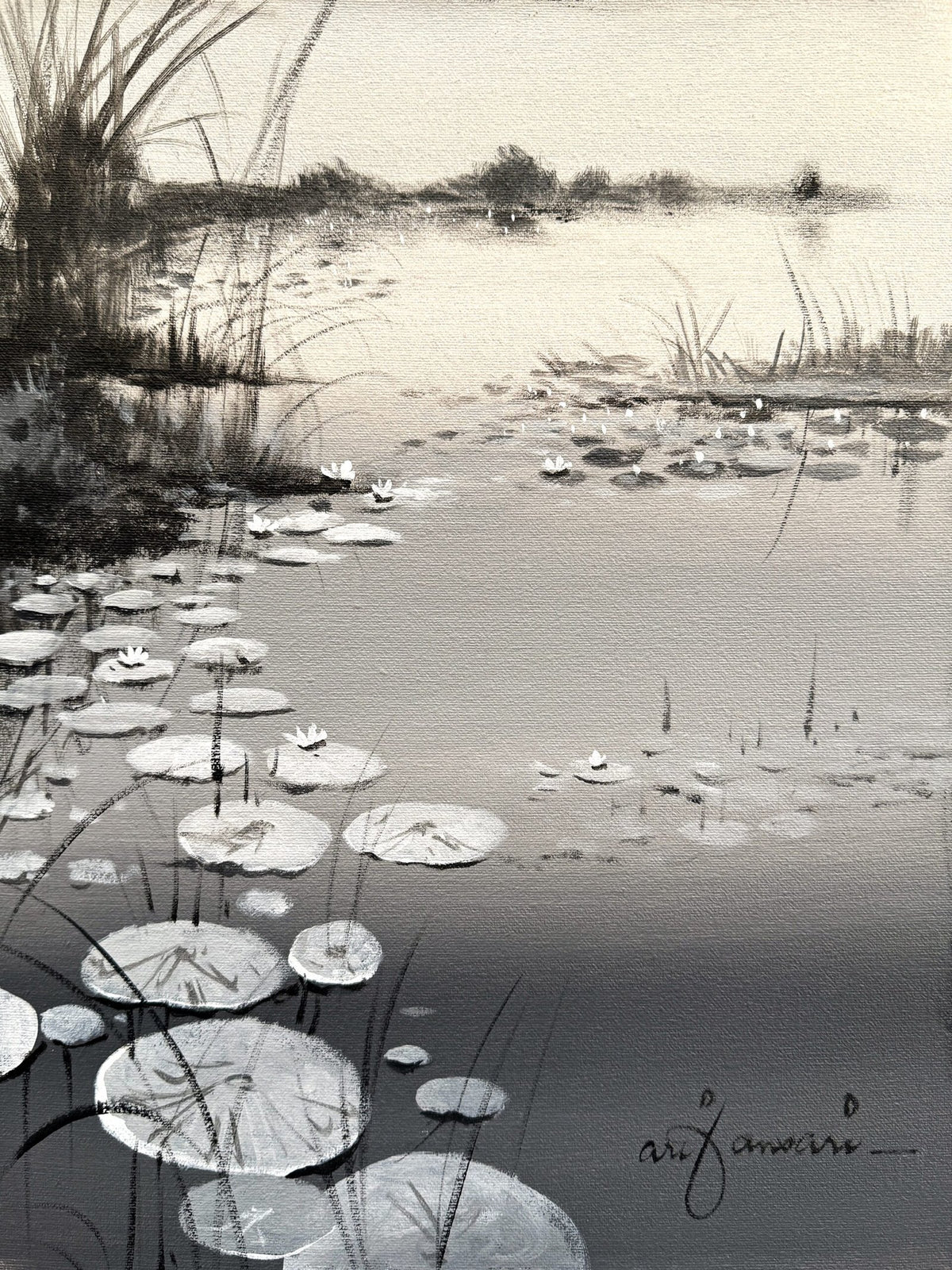 Arif Ansari whispers of water monochrome lotus pond acrylic on canvas 12x16 inches