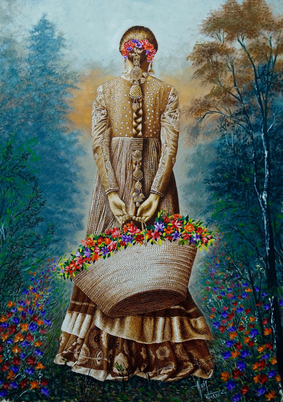Asif Ghayaz Girl With Flower Basket 22x31 pen ink acrylic on paper painting