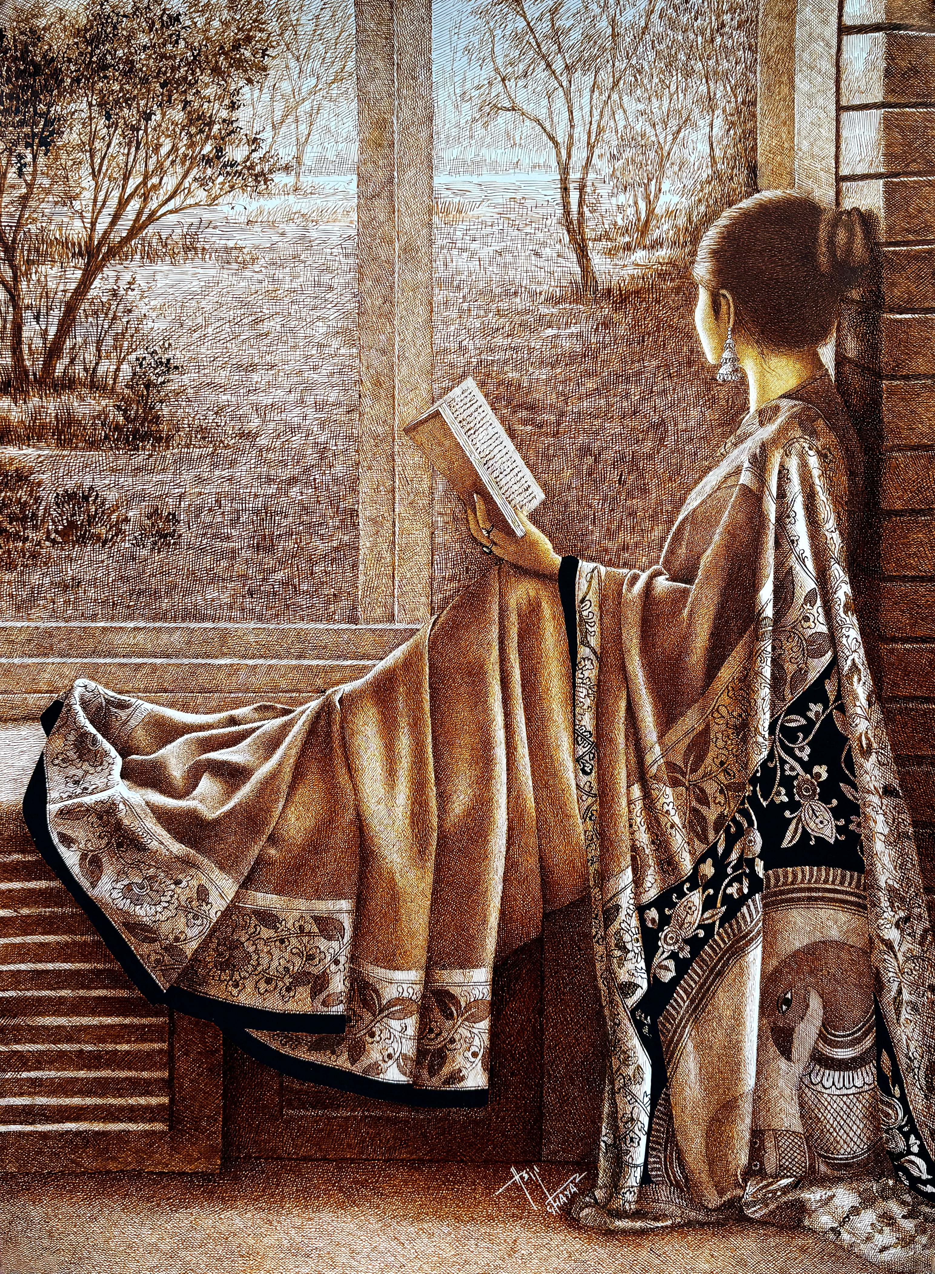 Asif Ghayaz Solitude and Serenity Pen Ink on Paper 22x31 inches