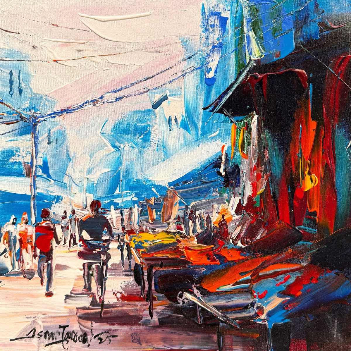 Asrar Farooqi Street Market oil on canvas 12x12 inches Pakistani urban cityscape painting